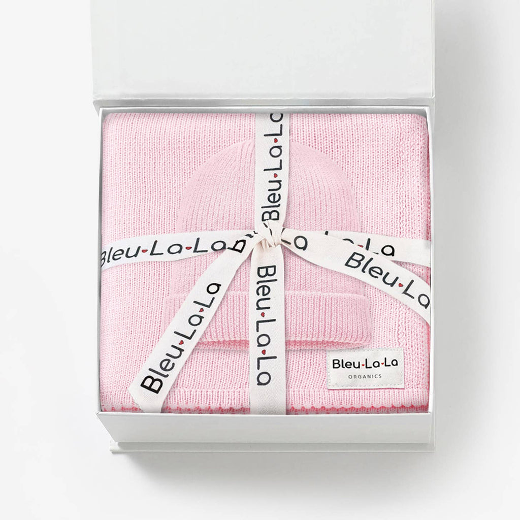 Luxe - 100% Organic Cotton Knit Blanket + Hat Boxed Gift Set Blush Pink